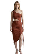 Robe Midi Asymétrique Thalia à Fronces – Terre Cuite