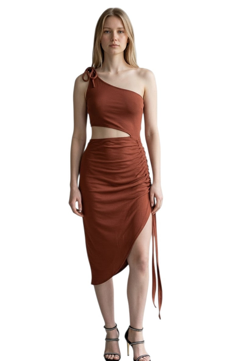 Robe Midi Asymétrique Thalia à Fronces – Terre Cuite