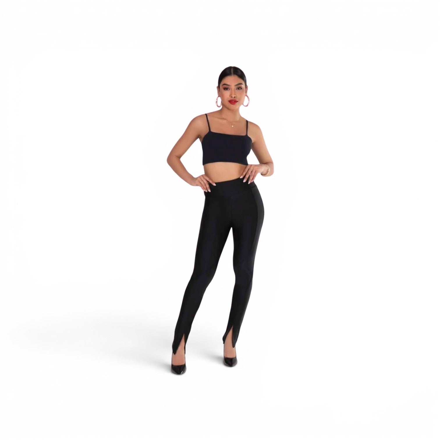 Pantalon Legging Galbant Diana avec Fentes – Noir Satin