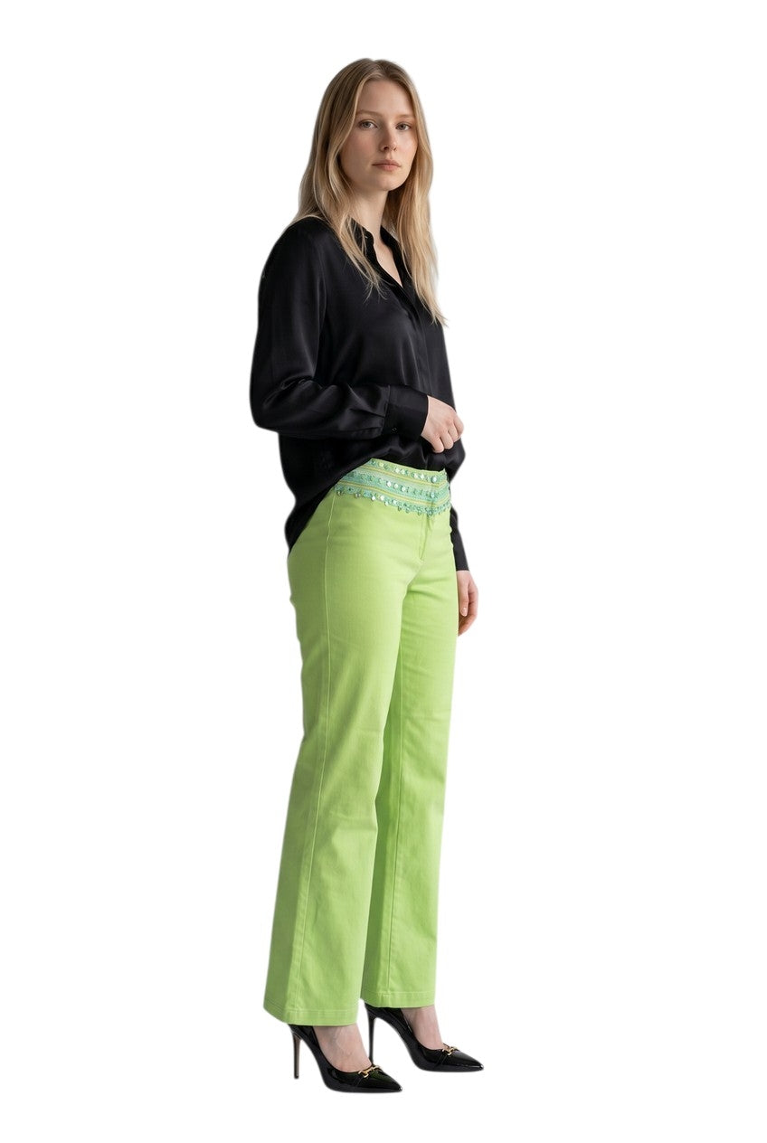 Pantalon Droit Vert Lime à Ceinture Perlée (Taille Unique)