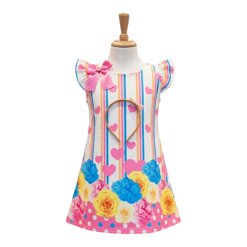 Robe de Fête Imprimée Florale et Cœurs avec Serre-Tête Assorti – Collection Fillette